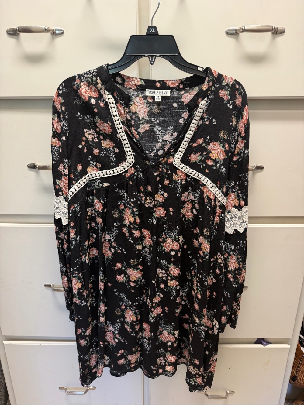 Tassels N Lace Black Floral Midi Dress with Pink Roses